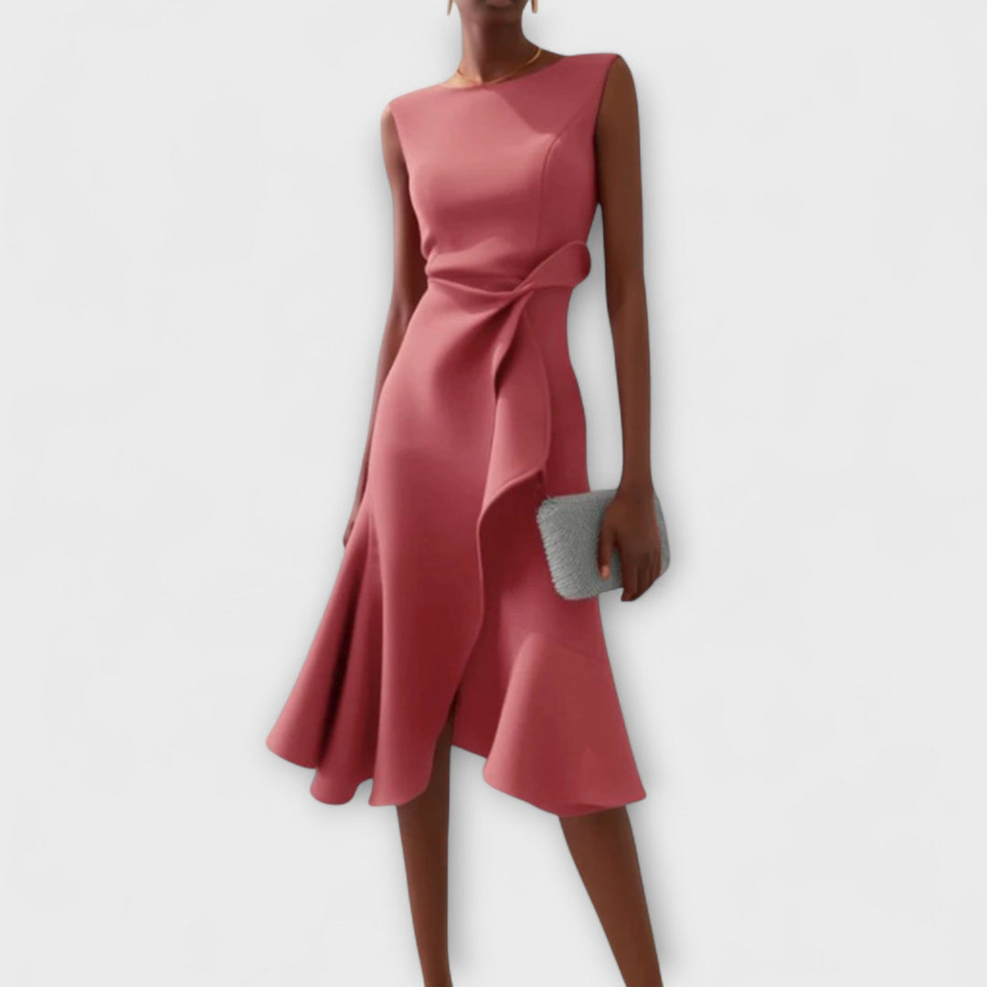 Formal cocktail midi dress with asymmetric ruffles & elegant draping, perfect for evening wear.