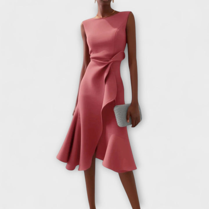 Formal cocktail midi dress with asymmetric ruffles & elegant draping, perfect for evening wear.