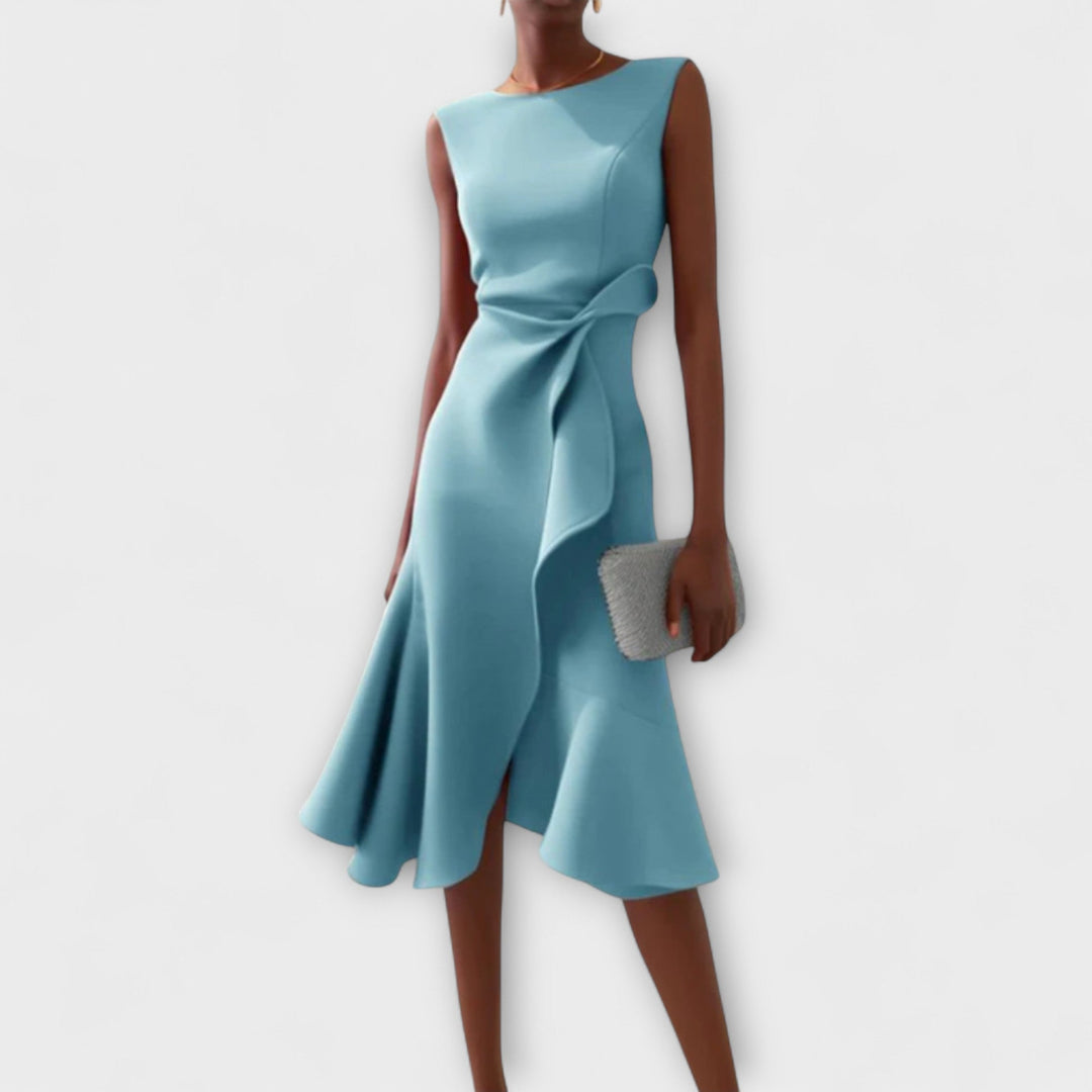 Draped women's midi dress with an elegant asymmetric ruffle design, suitable for formal & special events.
