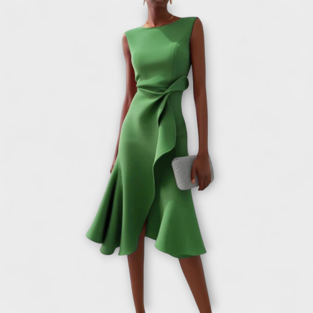 Close-up of elegant fabric on a women's draped asymmetric ruffle midi dress, ideal for formal wear.