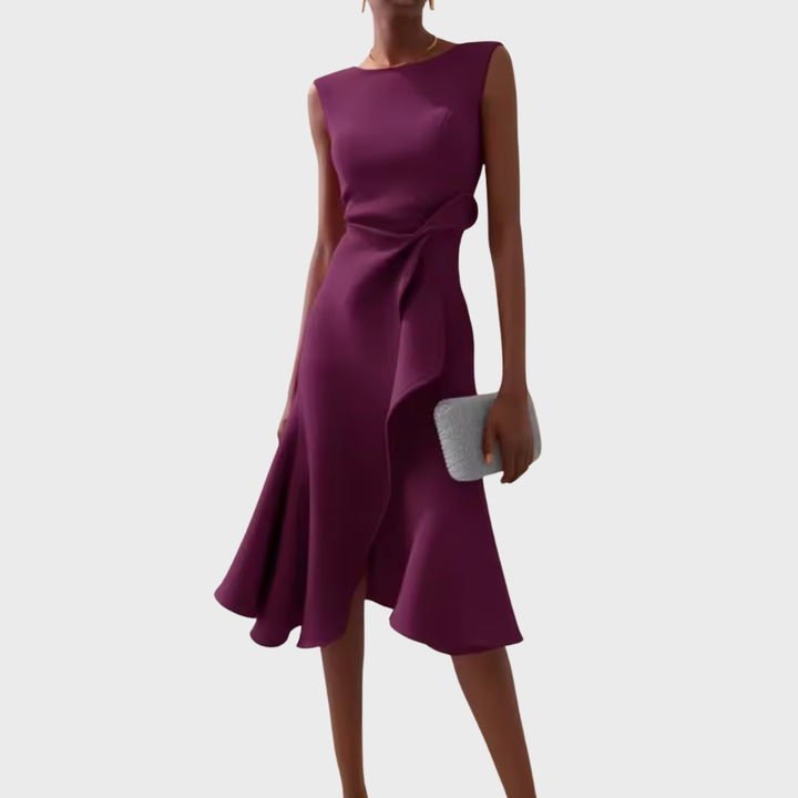 Back view of a chic women's sleeveless draped asymmetric ruffle midi dress for formal evening events.