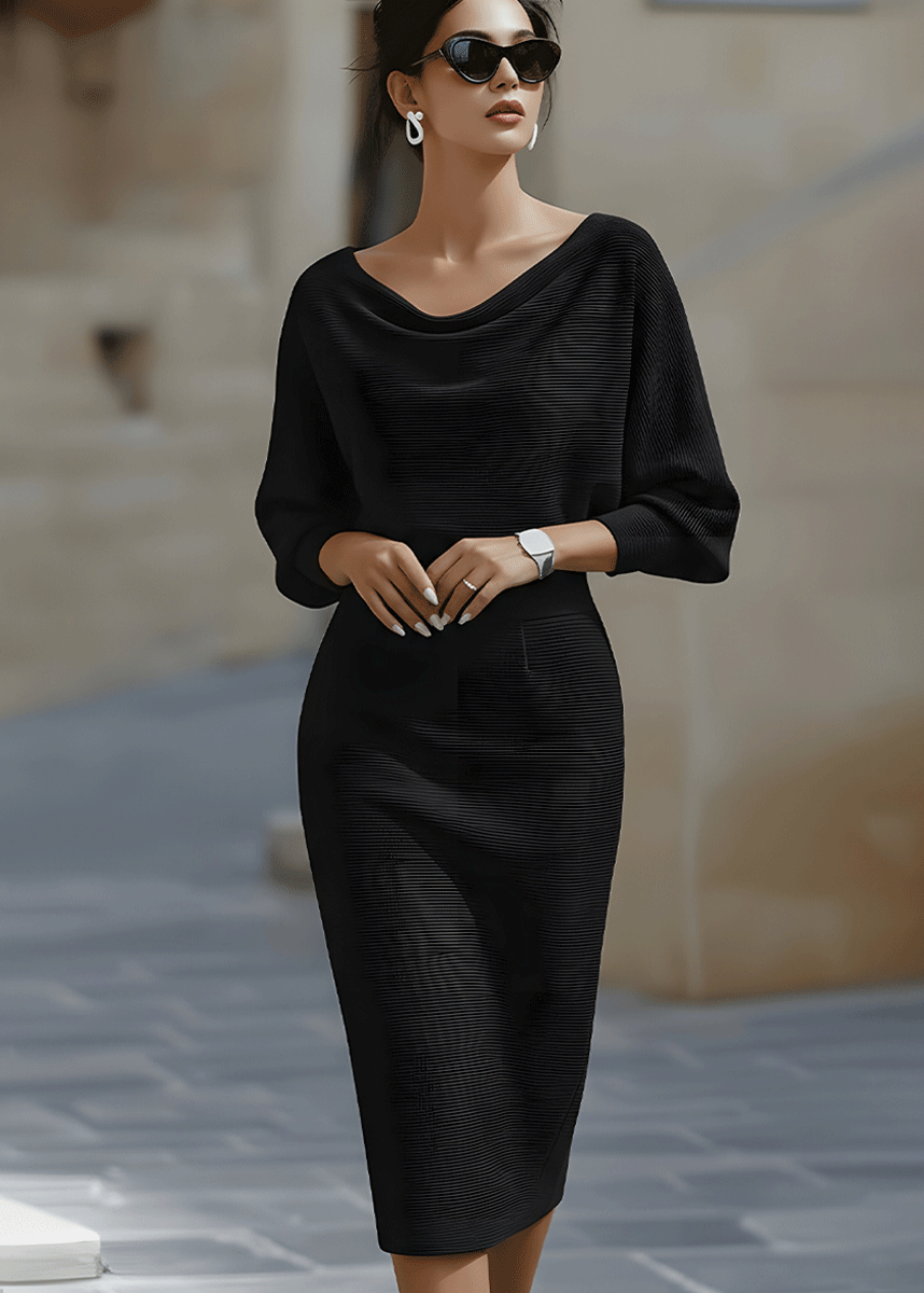 Flowy women's batwing midi dress, elegant cowl neck. Graceful movement, perfect for elegant occasion style.