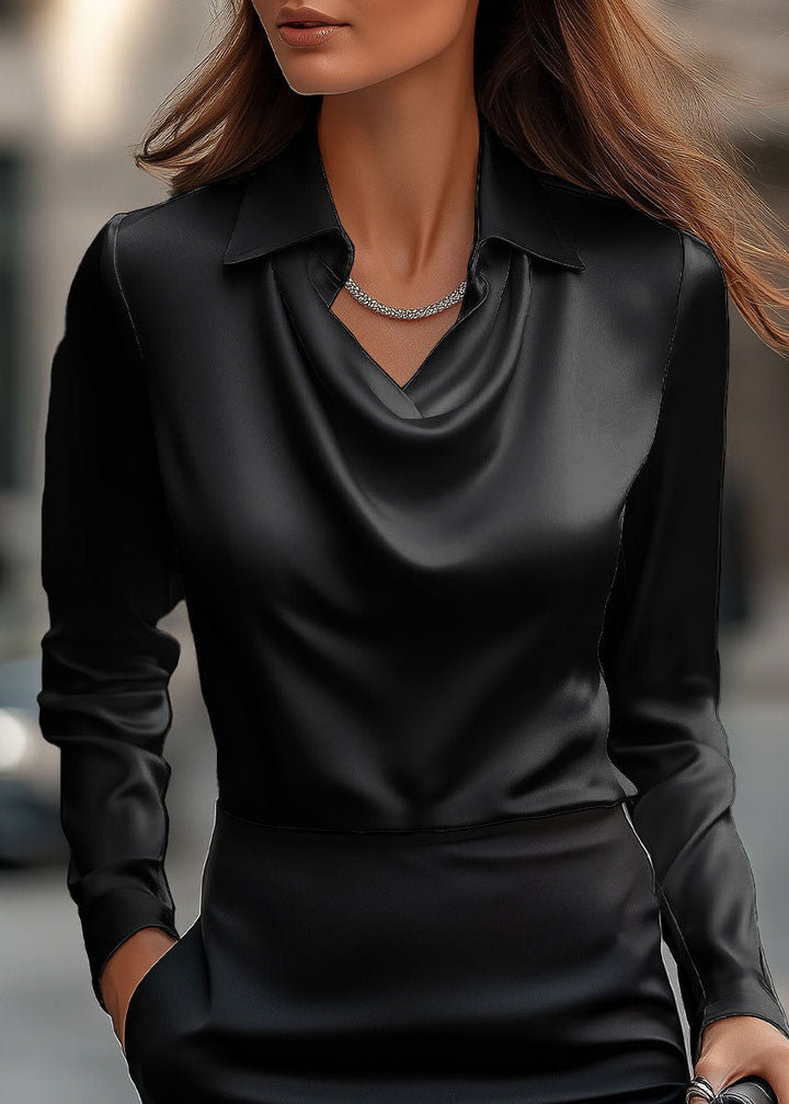 Women's professional cowl neck blouse in a soft draped fabric with a refined collar, ideal for work.