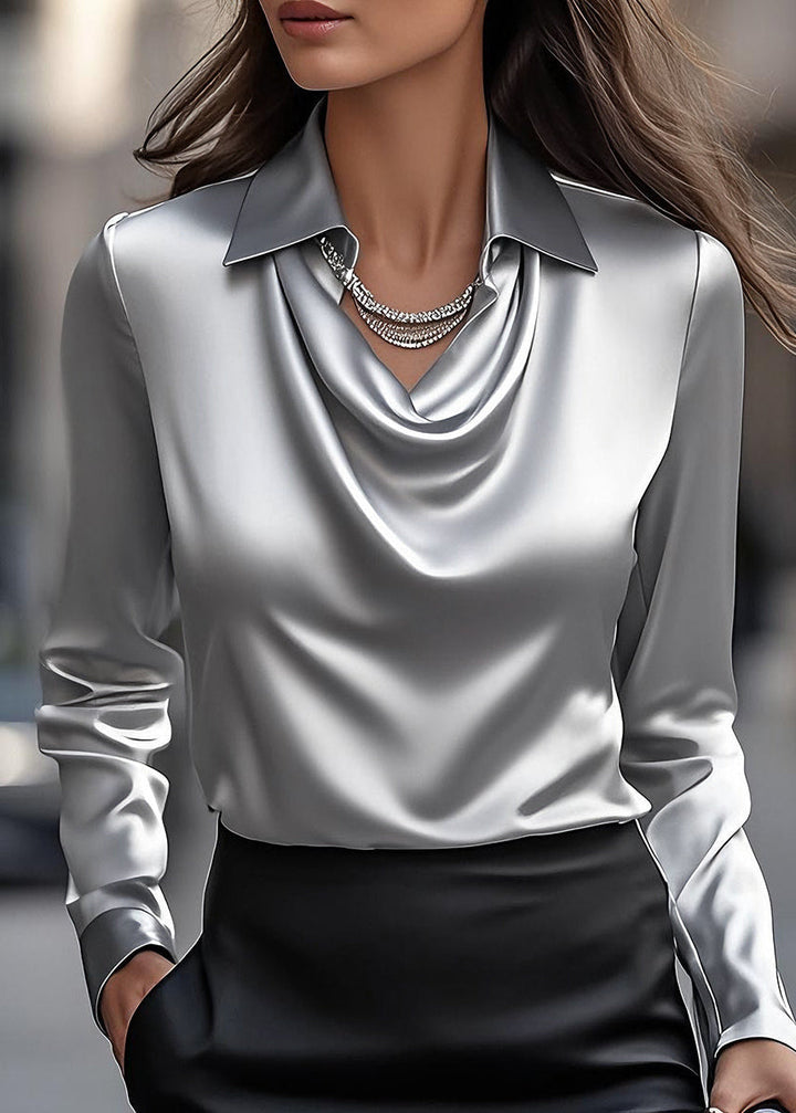 Professional women's blouse: elegant draped cowl neck, classic collar, long sleeves for office fashion.