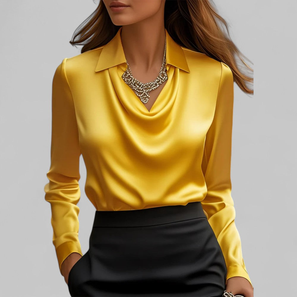 Women's casual yet elegant long sleeve satin blouse with a flattering draped neck.