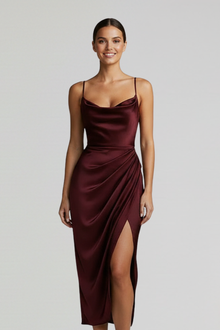 Luxurious women's elegant draped slim strap dress, perfect for evening, party, or formal summer events.