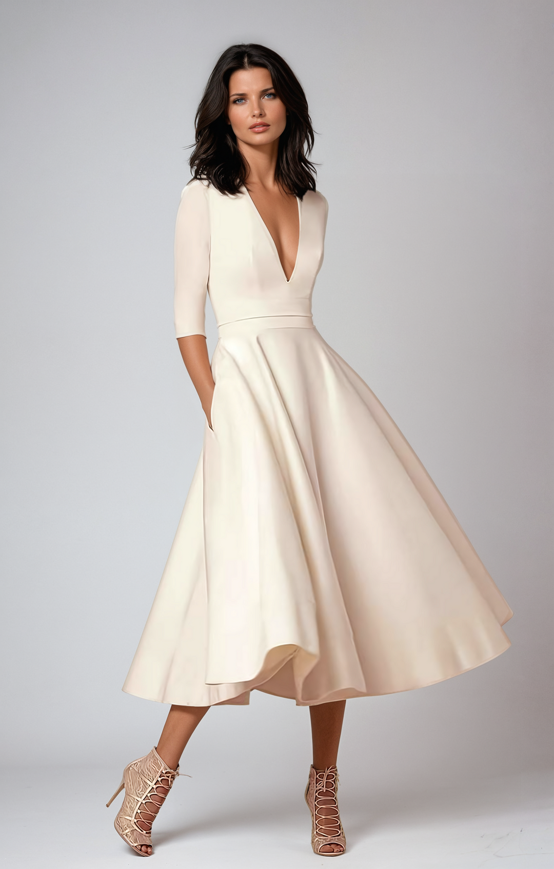 Elegant women's flared midi dress in white, perfect wedding guest attire