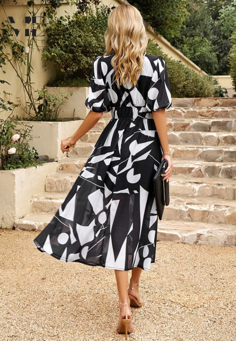 Elegant short sleeve floral A-line midi dress, perfect for women's summer casual wear.