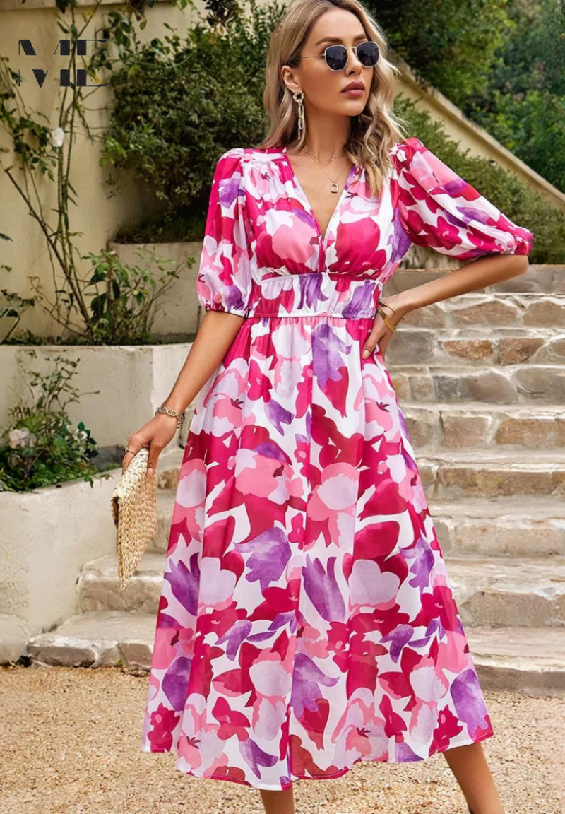 Elegant women's short sleeve floral midi dress, A-line cut, comfortable and versatile for summer.