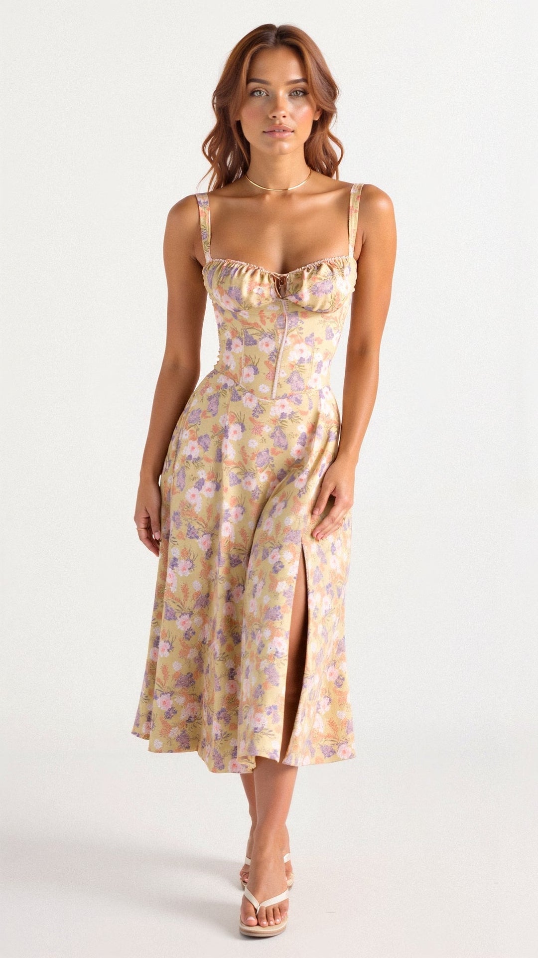 Elegant women's floral corset midi dress with high slit, perfect for summer parties & cocktails.