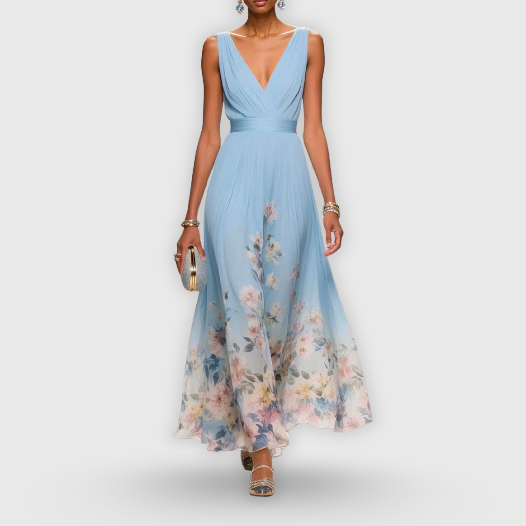 Elegant women's floral maxi dress with V-neck, sleeveless, perfect for formal garden parties & summer events.