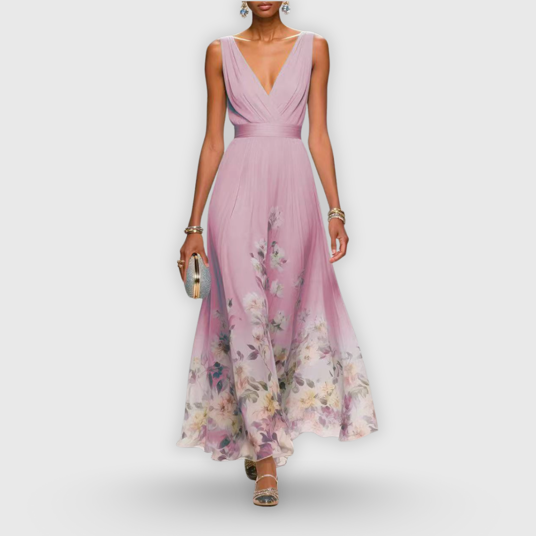 Beautiful V-neck sleeveless floral maxi gown for women, ideal for elegant garden parties and summer celebrations.