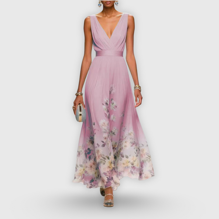 Beautiful V-neck sleeveless floral maxi gown for women, ideal for elegant garden parties and summer celebrations.