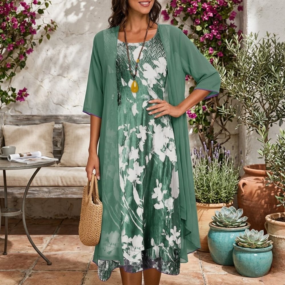 Elegant women's floral midi dress 2-piece set with a sheer open-front cardigan, perfect for spring/summer occasions.