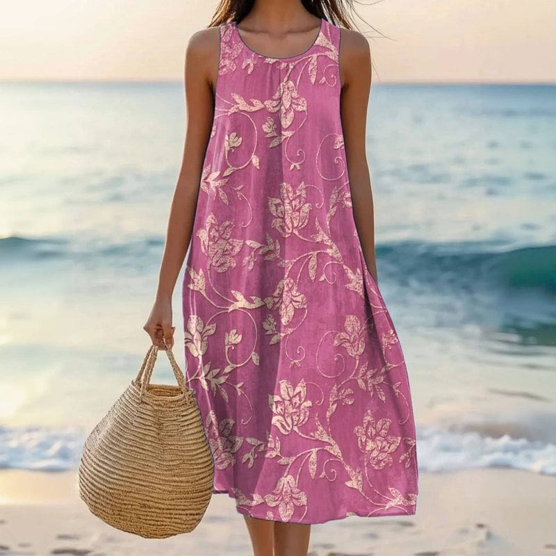 Elegant women's floral midi dress, sleeveless, featuring a vibrant print. Perfect for casual summer style & comfort.