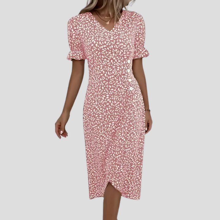 Chic floral midi dress for women, elegant summer style with V-neck. Perfect casual beach or spring fashion.