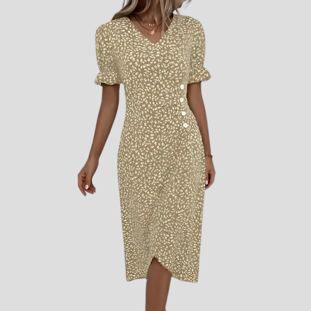 Stylish women's floral midi dress with puff sleeves & V-neck. Versatile A-line for summer, beach, or casual spring.
