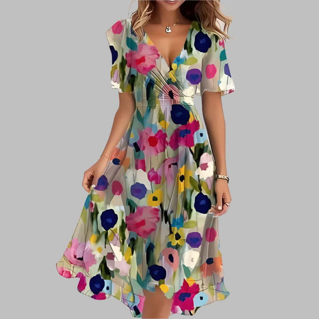 Women's floral ruched midi dress featuring chic puff sleeves & sweetheart neckline for a flattering fit.