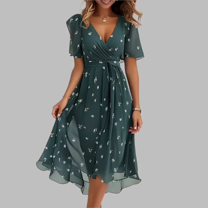 Versatile floral ruched midi dress for women, ideal for date night or elegant summer gatherings.