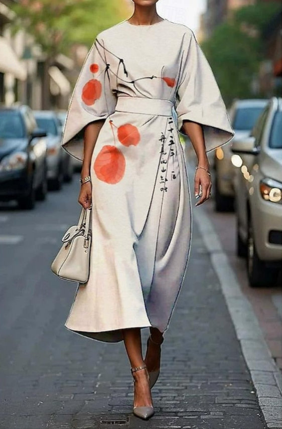 Chic women's cocktail dress, elegant floral midi with kimono sleeves & belt, perfect for parties & special occasions.