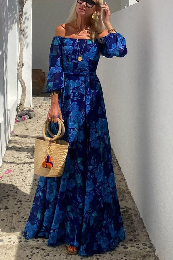 Boho-chic women's floral off-shoulder maxi dress. Ideal for summer casual chic or elegant evening wear.