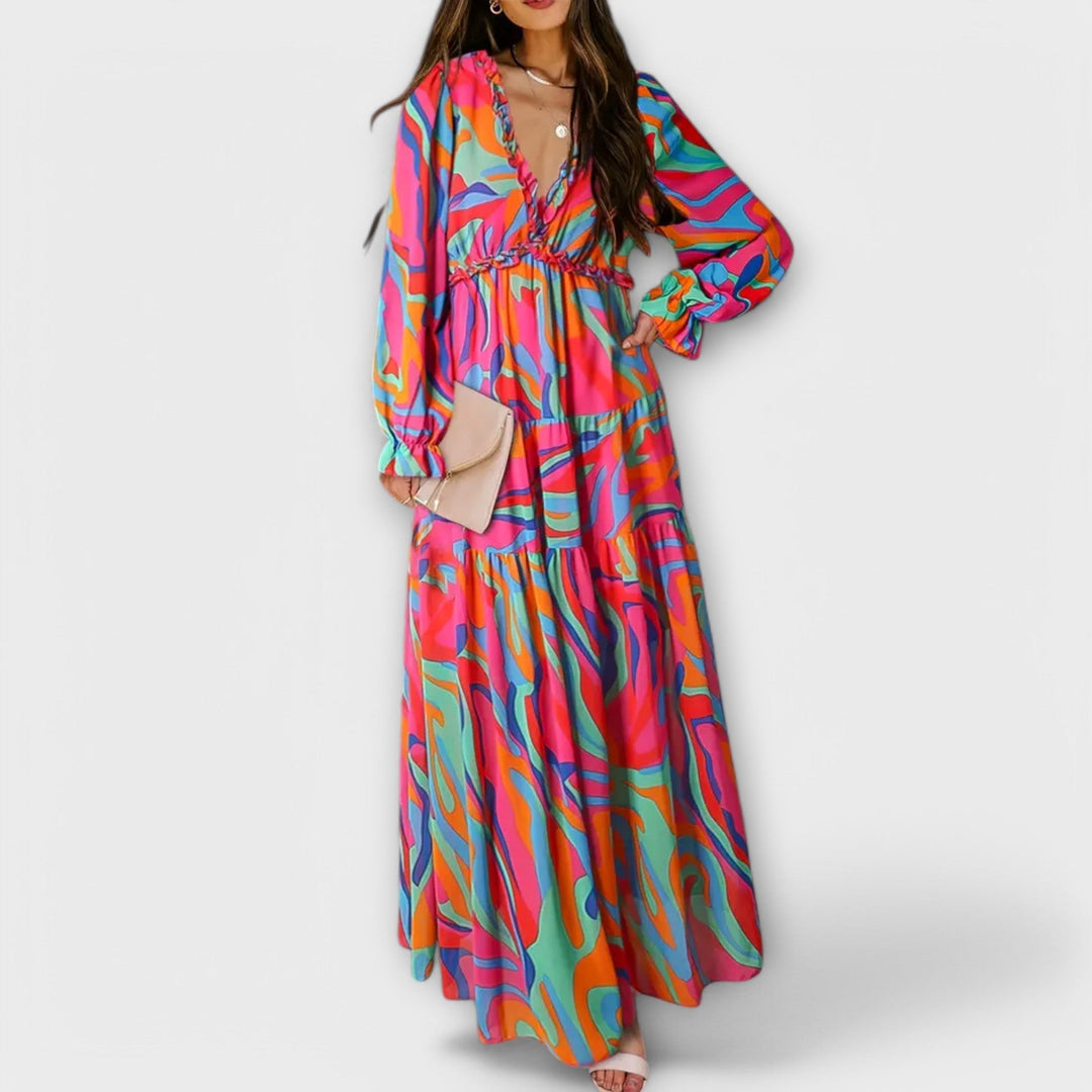 Women's versatile floral pleated maxi dress, an elegant long gown perfect for parties, casual outings, or travel.