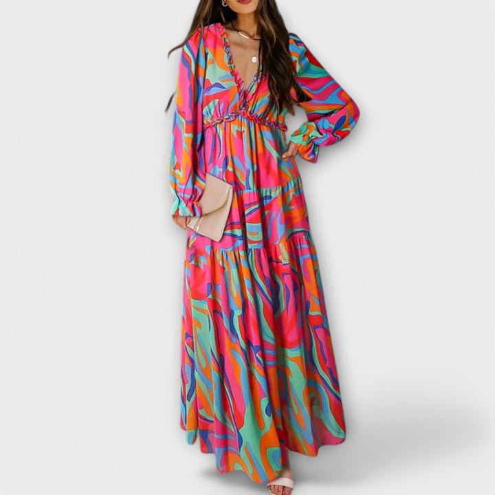 Women's versatile floral pleated maxi dress, an elegant long gown perfect for parties, casual outings, or travel.