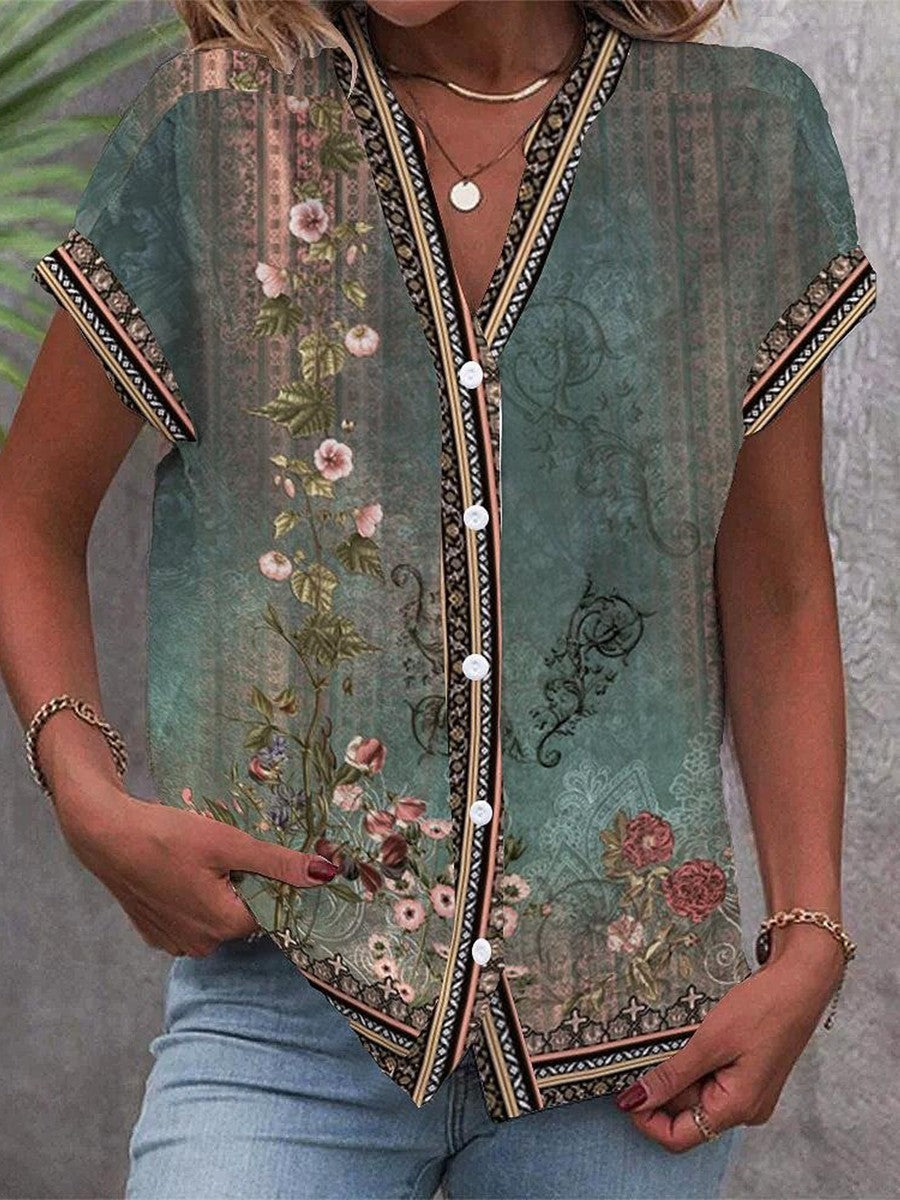 Elegant women's floral print V-neck blouse with cap sleeves for vintage, boho chic, casual spring & summer fashion.