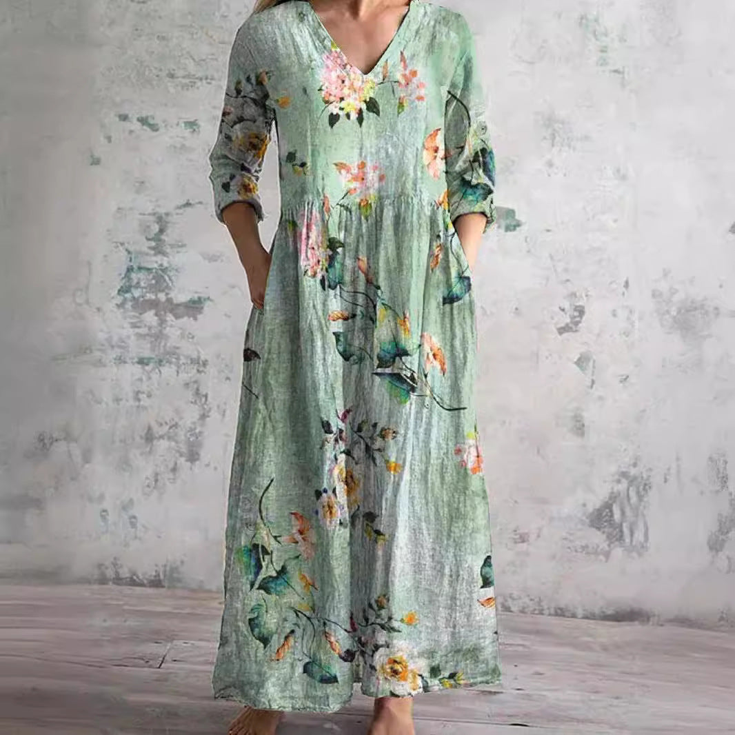 Relaxed fit women's maxi dress with elegant floral print & V-neck, ideal for casual spring outfits or summer events.