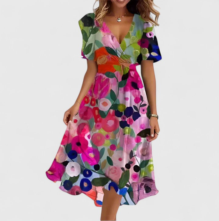 Chic floral summer party dress for women, short length with an elegant V-neck and delicate flutter sleeves.