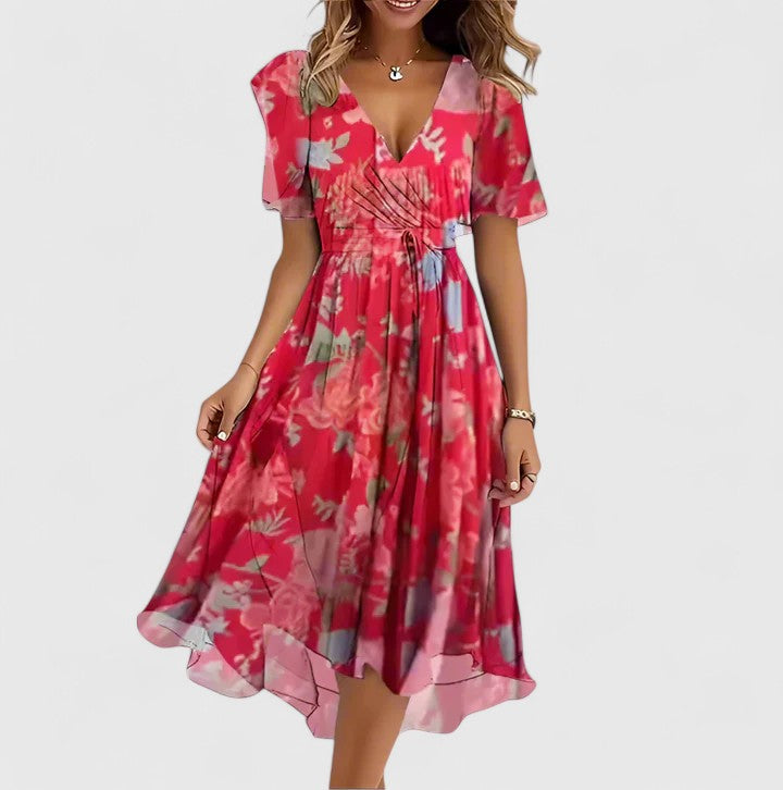Women's elegant V-neck floral short dress with charming flutter sleeves and a modern high-low hem.