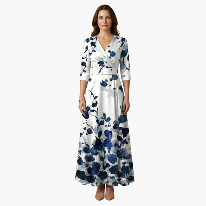 Women's elegant floral V-neck maxi dress, styled for summer parties or casual chic outings.