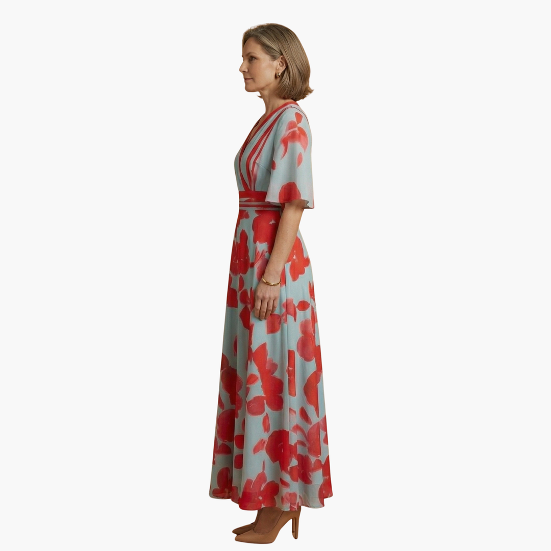 Long women's floral V-neck maxi dress, elegant summer party wear, casual chic style.
