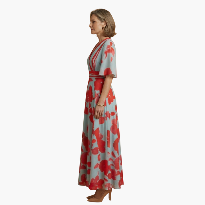 Long women's floral V-neck maxi dress, elegant summer party wear, casual chic style.