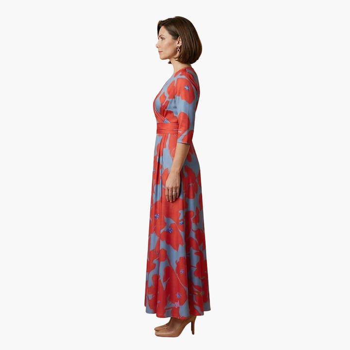 Flowing elegant floral V-neck maxi dress for women, comfortable & stylish summer fashion.