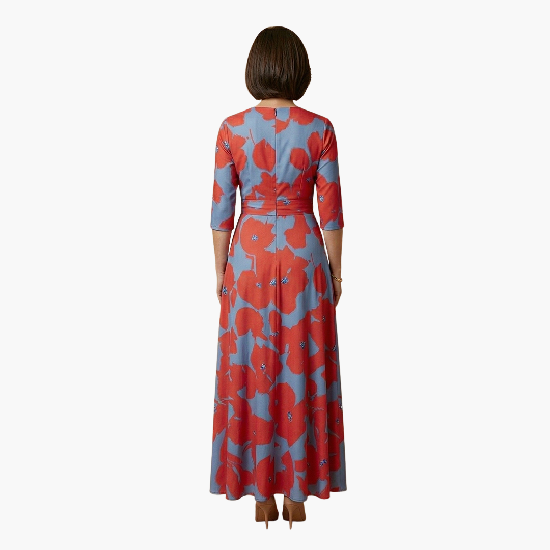 Vibrant floral print V-neck maxi dress, elegant women's summer fashion, versatile style.