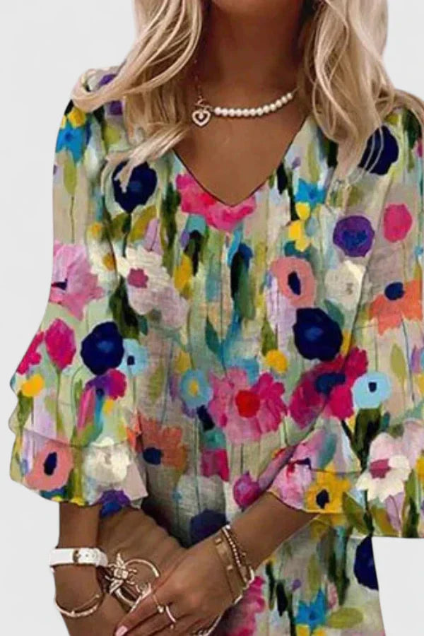 Feminine women's floral mini dress, V-neck, short & elegant. Great for parties, summer wear, & date nights.