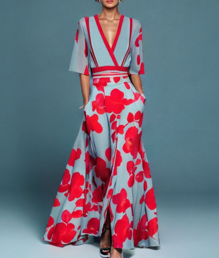 Flowy women's V-neck wrap maxi dress with vibrant floral print, suitable for elegant summer fashion.