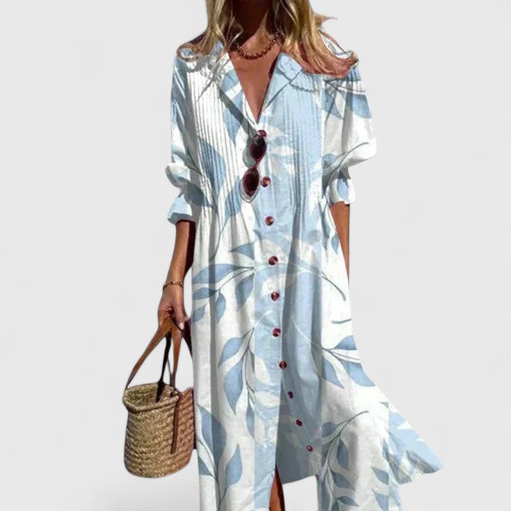 Elegant women's flowy boho maxi dress. Perfect versatile summer dress for vacations or casual wear.