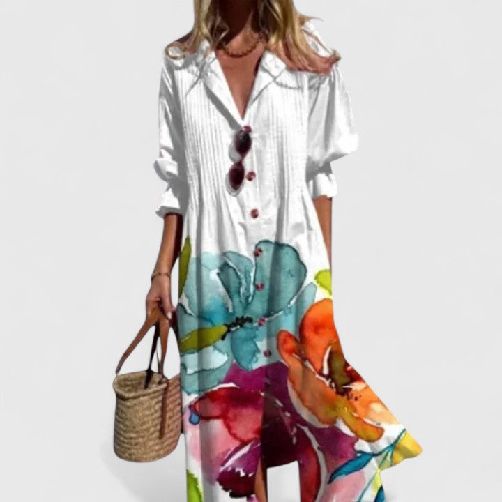 Flowy women's bohemian maxi dress. Elegant & versatile summer dress for casual or vacation style.