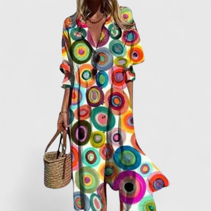 Chic women's boho maxi dress with elegant flow. Perfect for summer, travel, or a stylish casual look.
