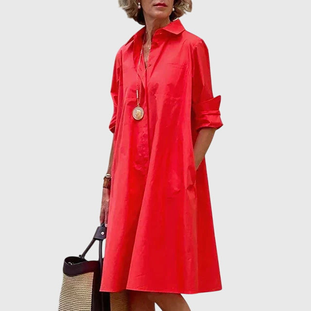 Comfortable women's everyday dress, featuring a flattering flowy design & convenient pockets.