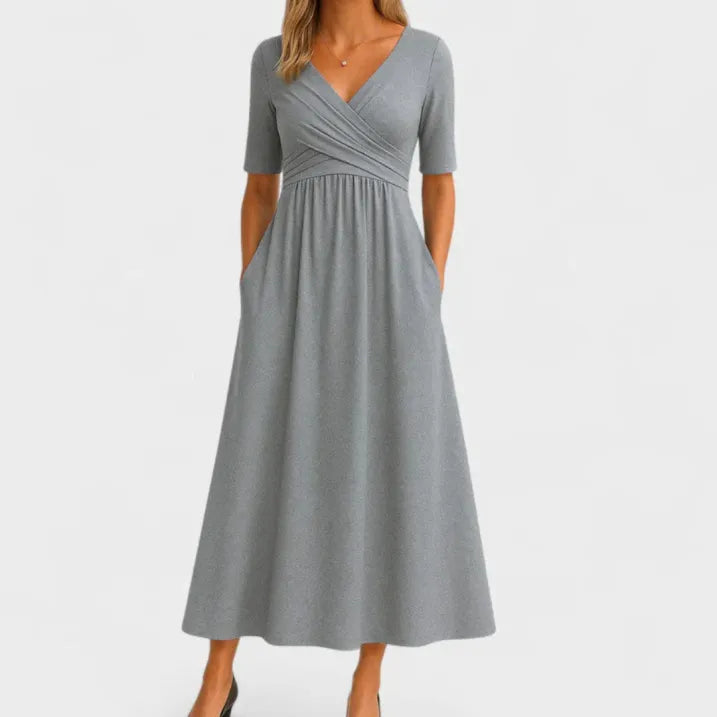 Chic V-neck flowy midi dress for women, suitable as a formal party dress or special occasion wedding guest attire.
