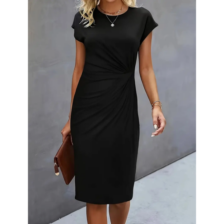 Elegant women's formal midi dress with a sleek bodycon silhouette, ruched waist detail, and cap sleeves.