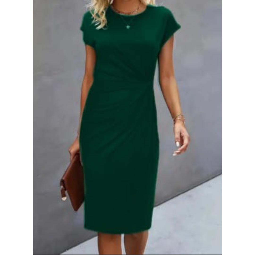 Sophisticated women's formal bodycon midi dress, ruched waist & cap sleeves, for elegant evening or office wear.