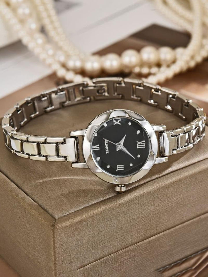 Fashionable silver stainless steel bracelet watch for women, featuring a chic blue dial.