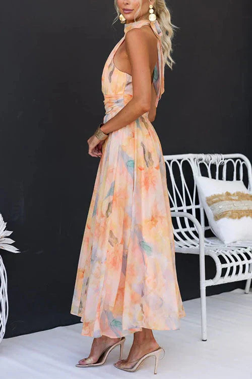 Beautiful women's sleeveless halter maxi dress, a perfect choice for wedding guests & formal elegant occasions.