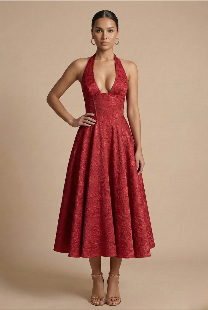 Flattering A-line midi dress for women, featuring a chic halter neck and corset bodice. Elegant party wear.