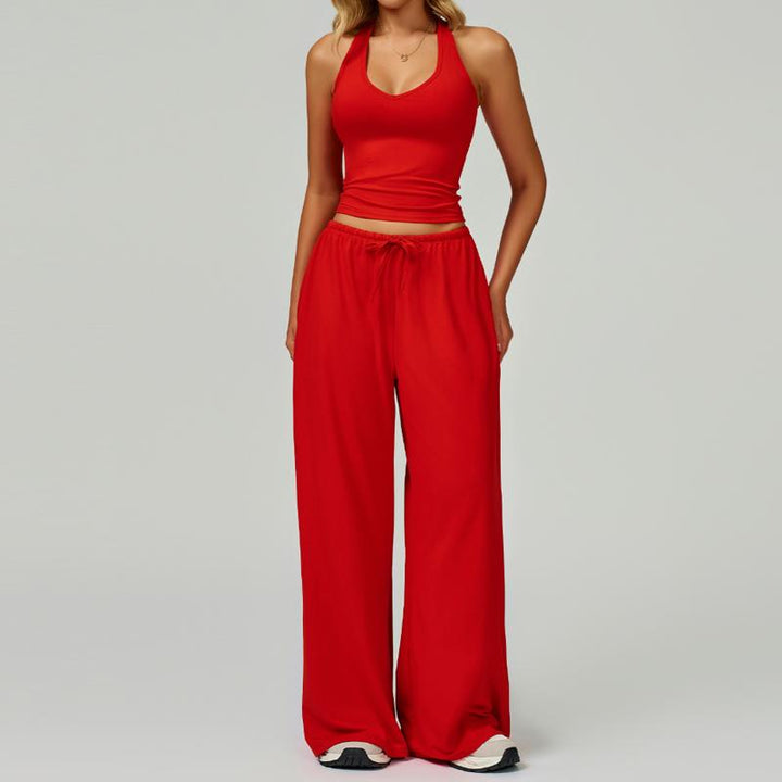Women's casual wear lounge set: a stylish halter top paired with comfortable wide-leg pants in stretch blend