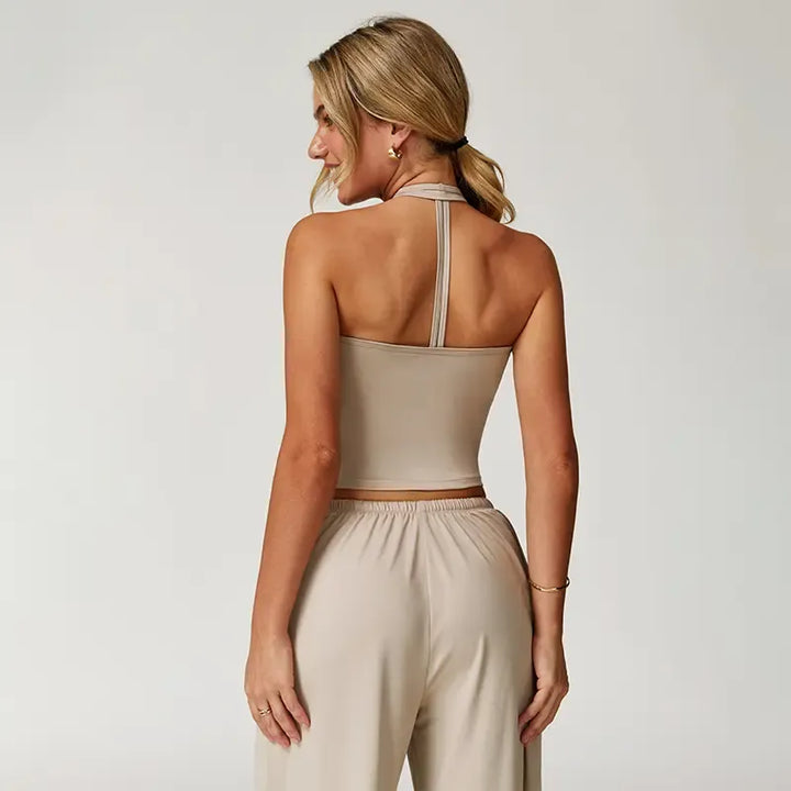 Two-piece women's lounge set, offering an elegant halter design and relaxed wide-leg pants for everyday style